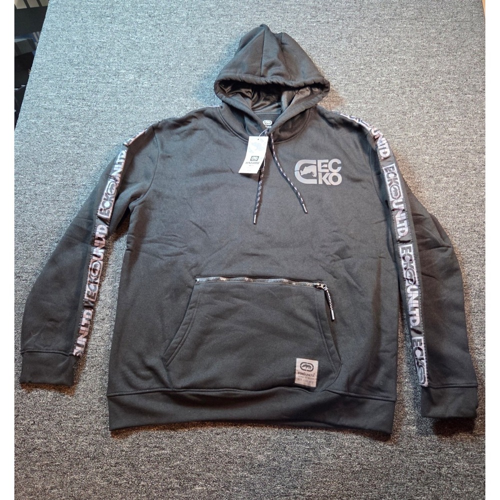 Ecko‎ Unltd Hoodie Mens XL Black Logo Tape Zippered Pocket Streetwear Urban New